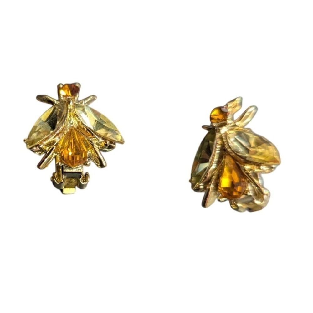 Vintage‎ Gold Tone Clip-On Bug Earrings With Amber Rhinestones Retro Glam